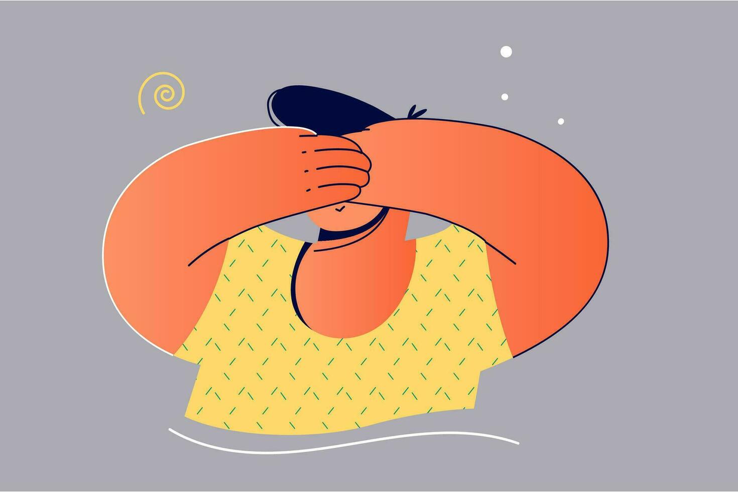 Emotion, face, expression, protection, shame, embarassment concept. Young frightened man boy guy teenager cartoon character standing and covering eyes with both hands hiding or protecting illustration vector