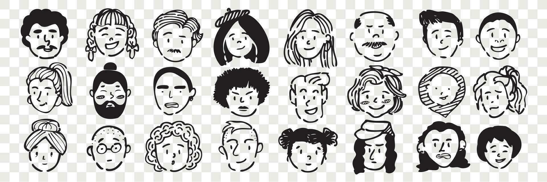 Hand drawn human faces doodle set. vector