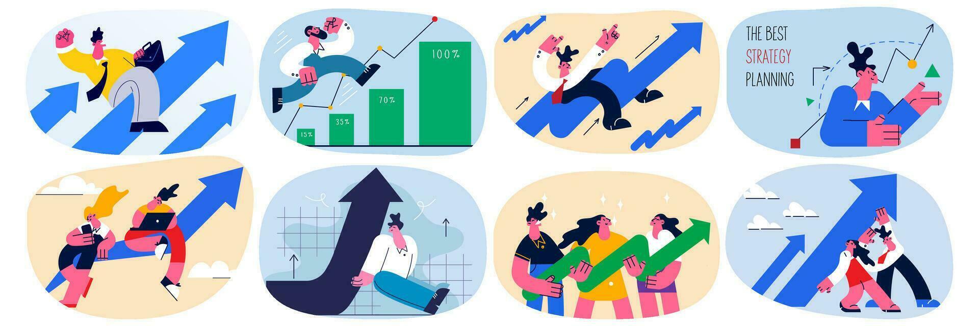 Set of businesspeople with arrows facing up strive for business success or win. Collection of employees or workers reach for victory, motivated for goal achievement. Flat vector illustration.