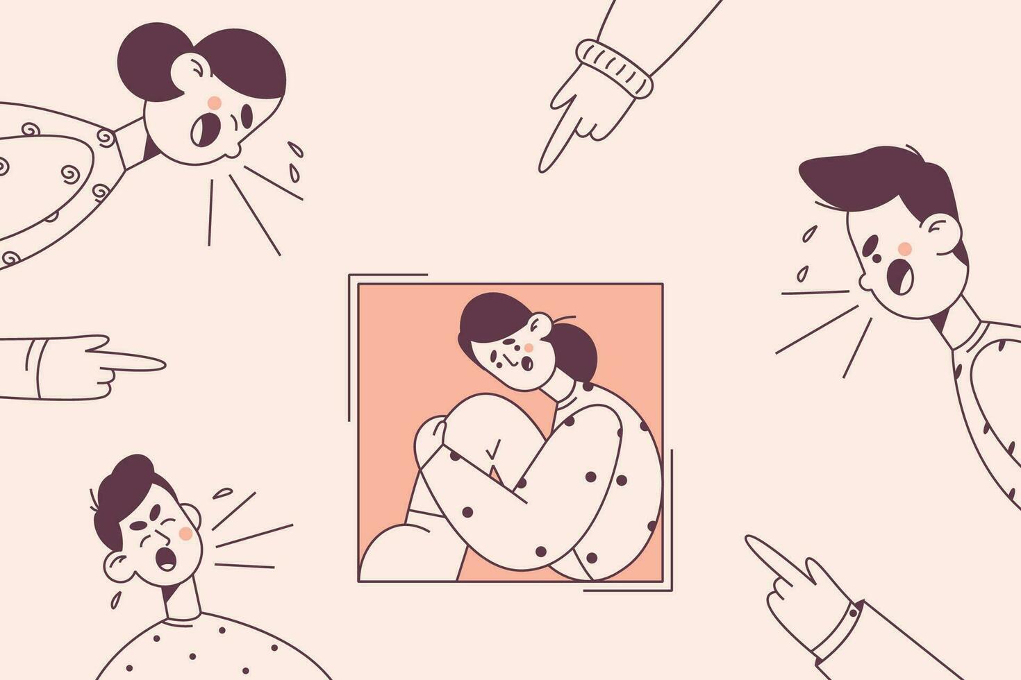 Feeling pressure, negative emotions, depression concept. Unhappy stressed scared girl sitting hiding inside box with negative human emotions outside feeling pressure and negative attitude from people vector