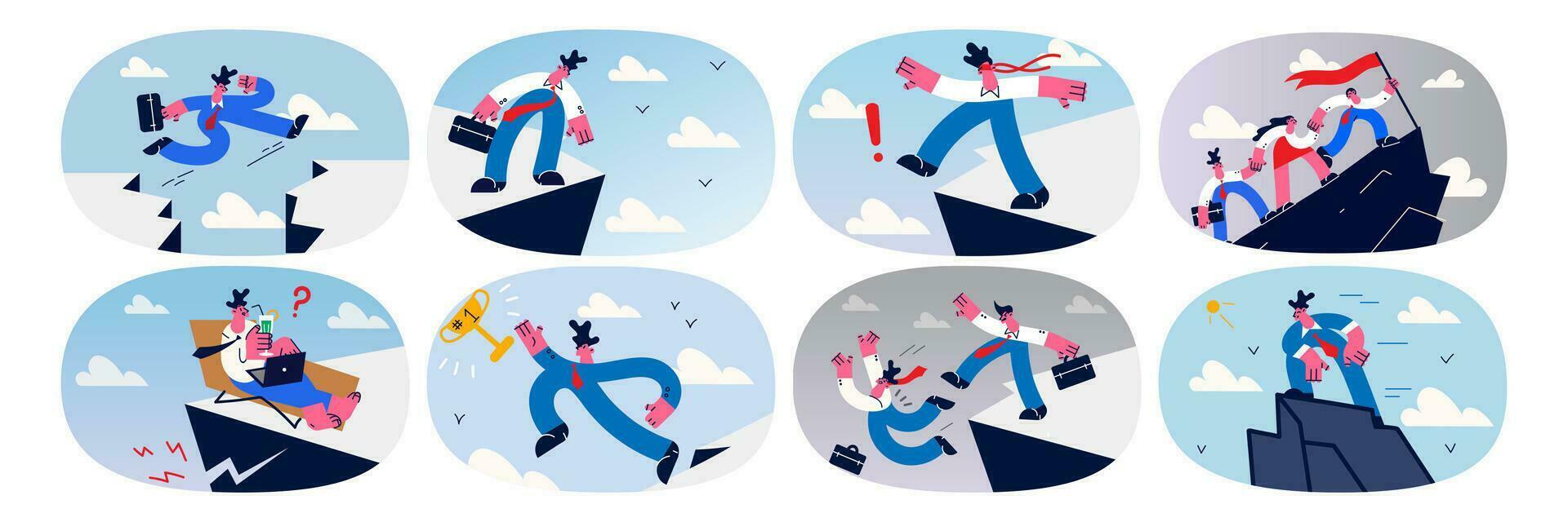 Set of businessman work in risky situation strive for success or goal achievement. Collection of businesspeople involved in risk deal or project. Challenge and choice. Vector illustration.