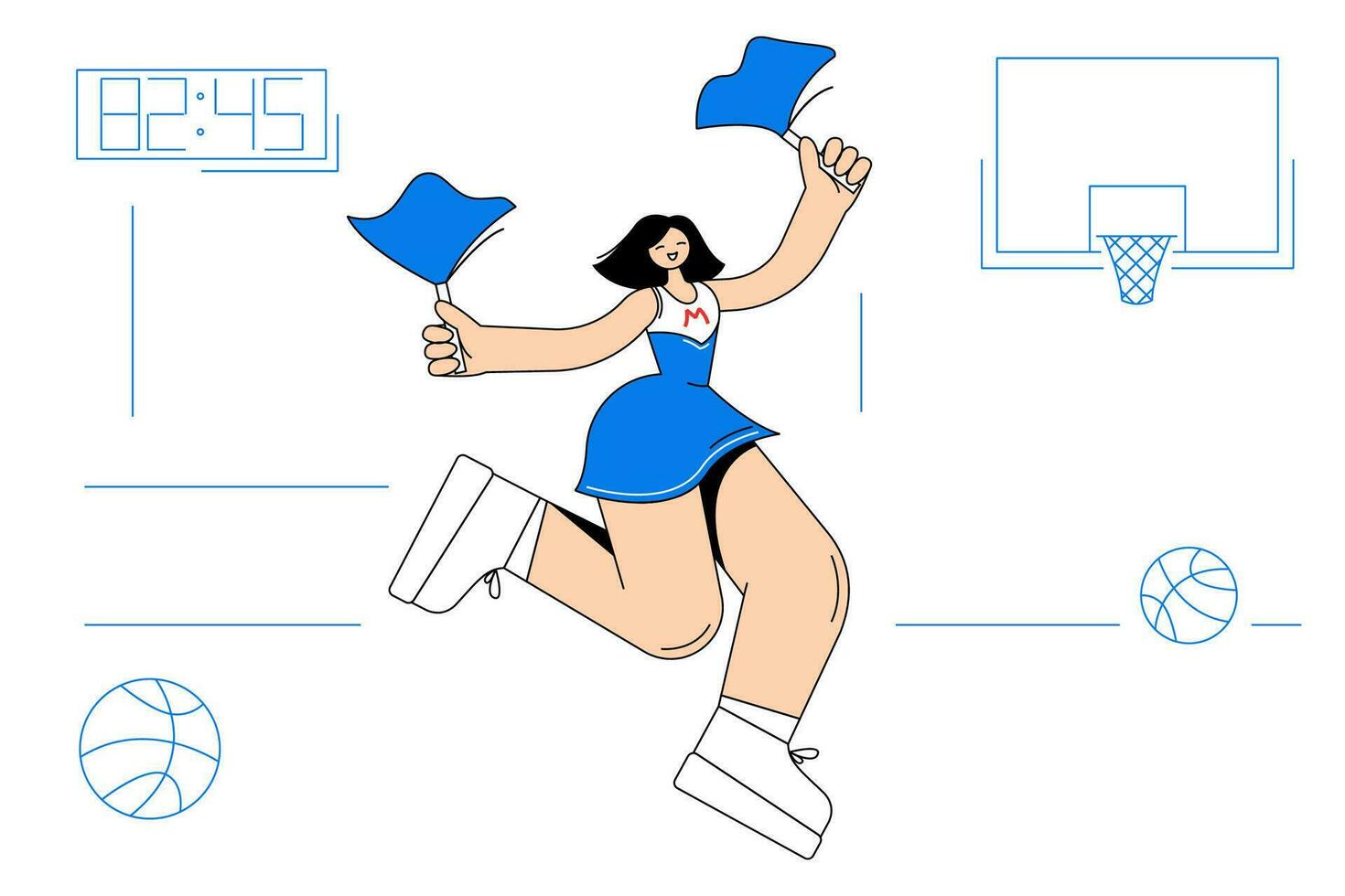 Cheerleading, dancing, cheer sport concept. Young beautiful smiling girl cheerleader cartoon character in blue costume dancing moving with pompoms and jumping during performance on basketball game vector