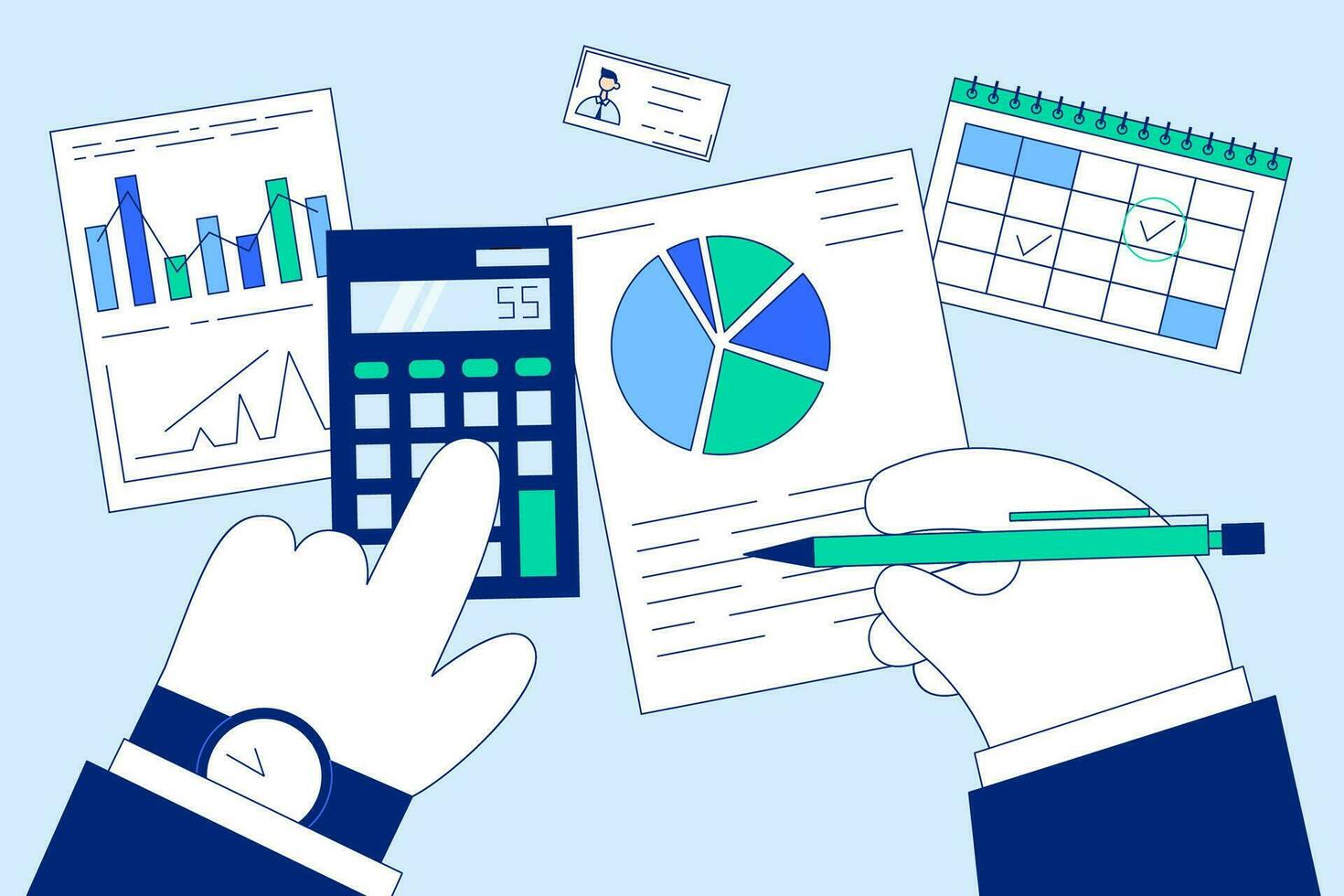 Finance, marketing and tax counting system concept. Hands of accounting businessmen sitting and calculating incomes expenditure analyzing investment data statistics and development vector, top view vector