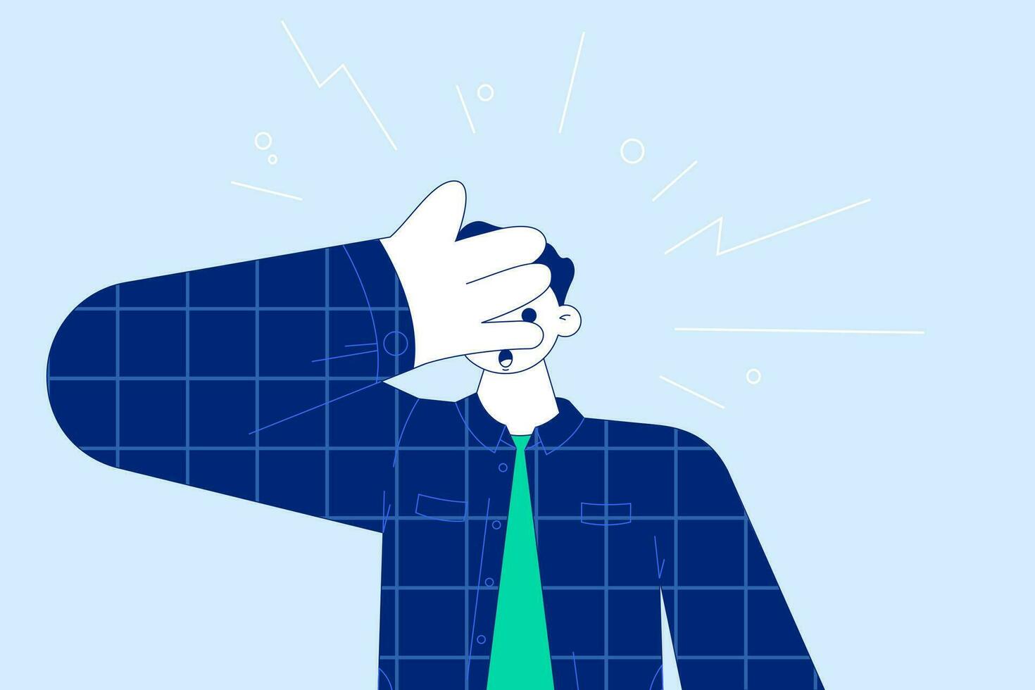 Shock, surprise, feeling embarrassed concept. Young surprised man cartoon character feeling shock covering face and eyes with hand, looking through fingers vector illustration