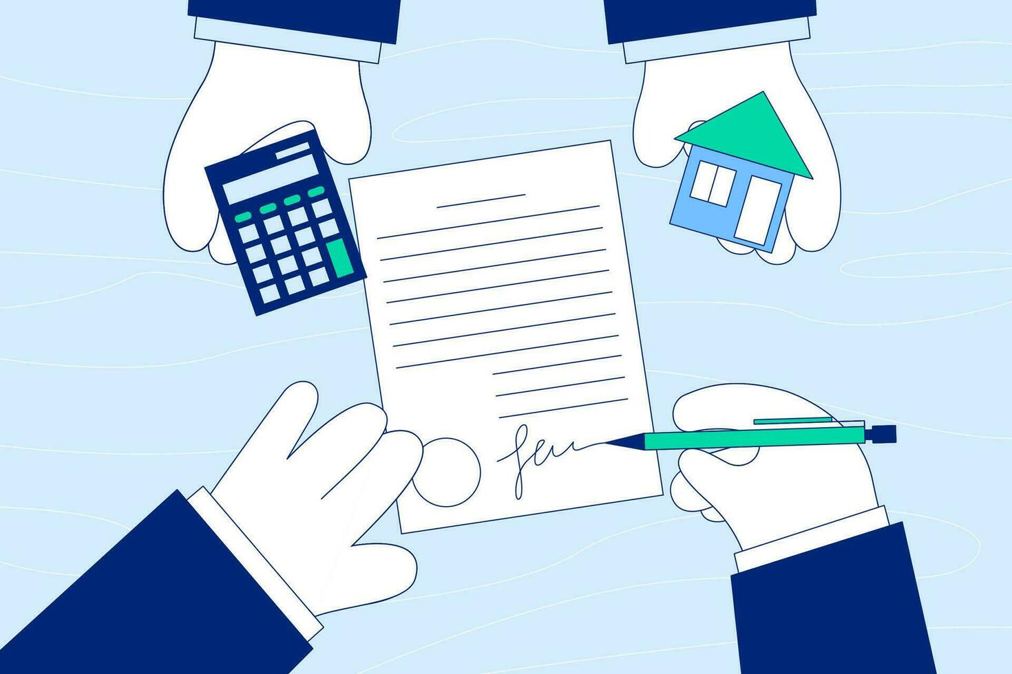 Deal of buying, renting or leasing accommodation concept. Hands of real estate agent giving keys of house flat to signing contract customer in agency vector illustration, top view