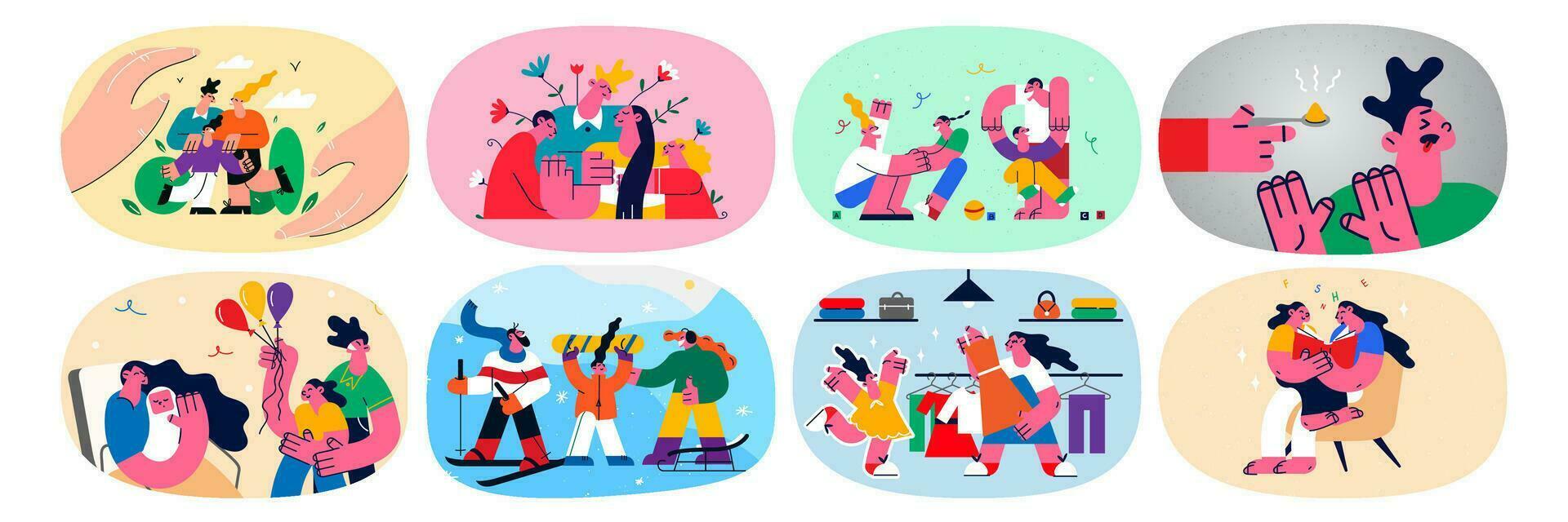 Set of happy parents with kids play and study together. Collection on father and mother enjoy happy life with small children. Childbirth and upbringing concept. Flat vector illustration.