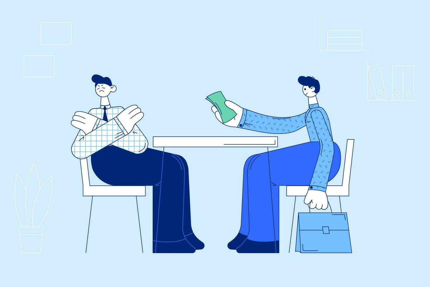 Bribes, illegal business and frauds concept. Young displeased businessmen refusing to take cash bribe from partner or client during meeting in office and make corruption illustration vector