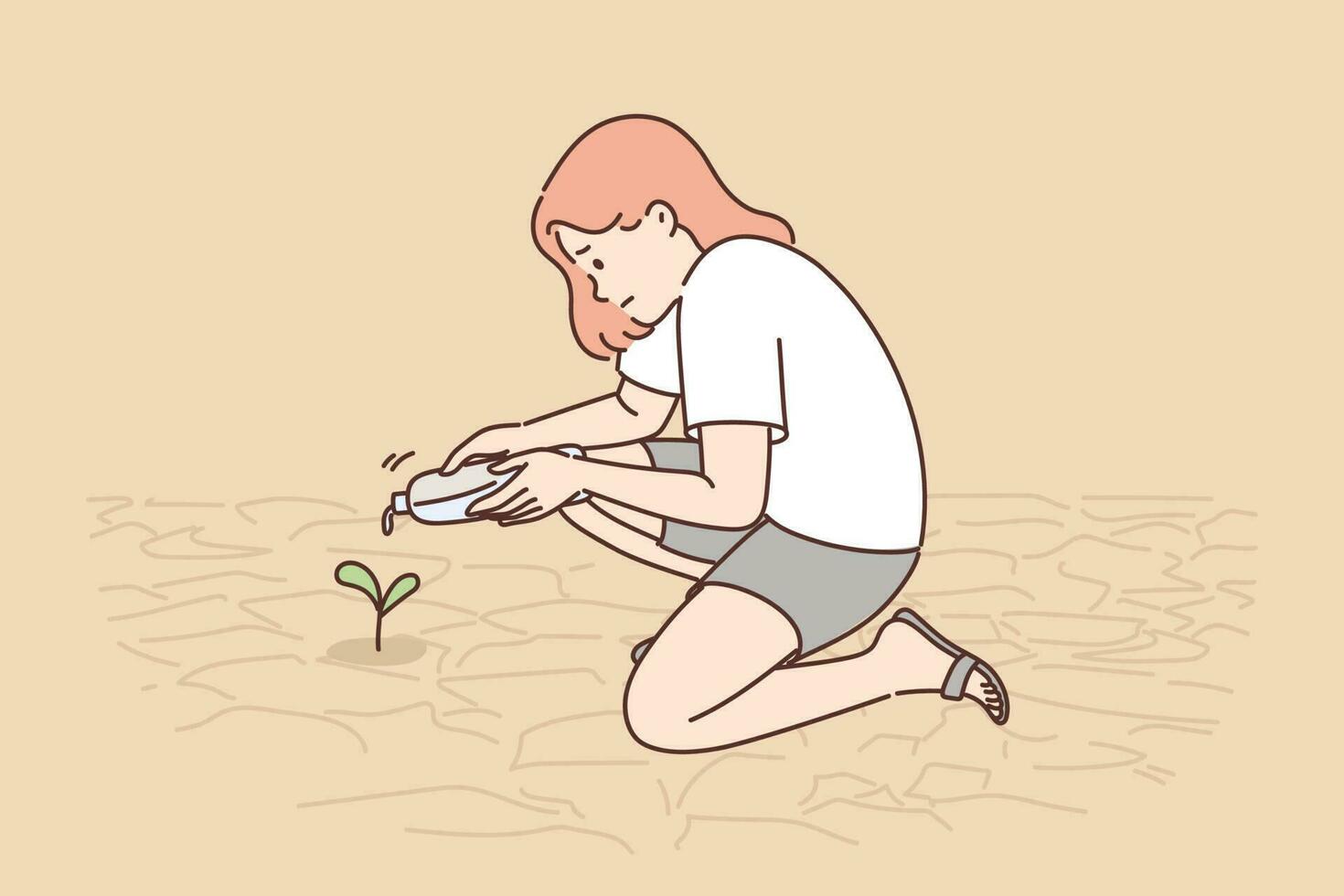 Teenage girl watering plants growing from dry soil or in need of moisture due to lack of rain. Caring woman is trying to grow tree that is dying due to polluted nature and climate change vector