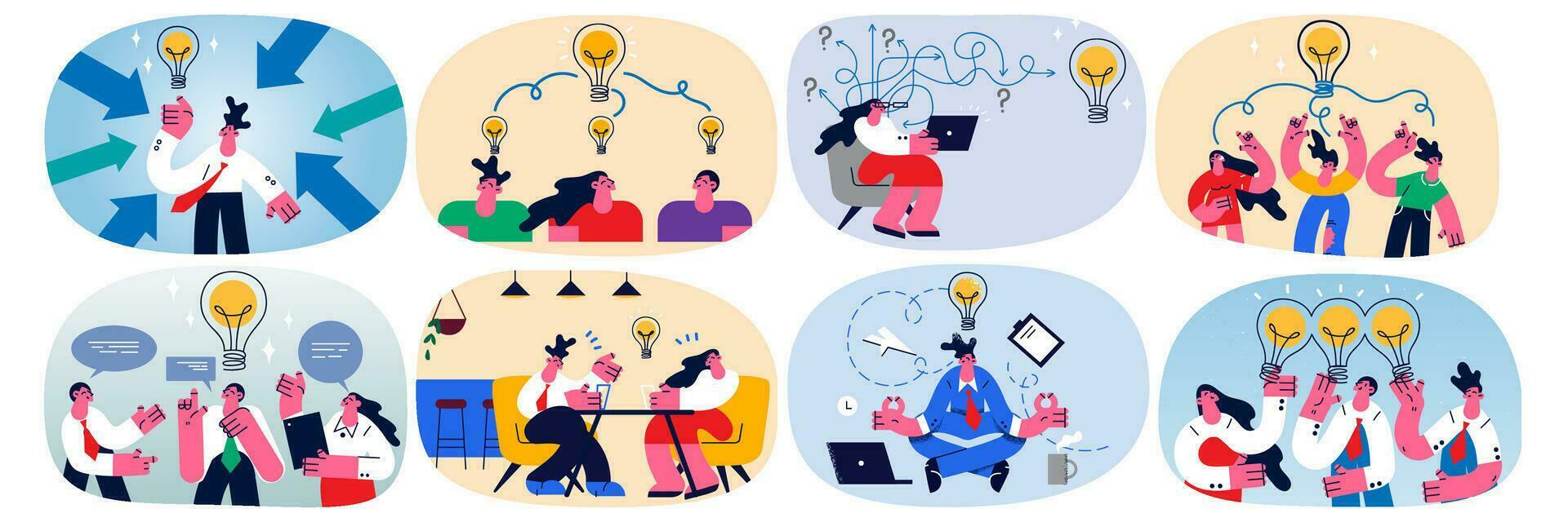 Set of diverse businesspeople involved in creative thinking develop business idea or startup together. Bundle of team or colleague brainstorm cooperate in office. Innovation. Vector illustration.