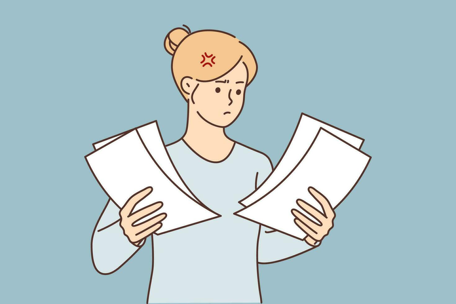 Businesswoman with lot of documents in hands is unhappy with received letter from tax office or room from bank. Unhappy girl holding business documents feel stressed while doing paperwork vector