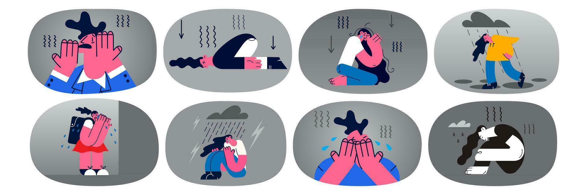 Set of unhappy depressed woman suffer from mental or psychological disorder. Collection of upset sad female struggle with nervous breakdown cry and depress. Healthcare. Vector illustration.