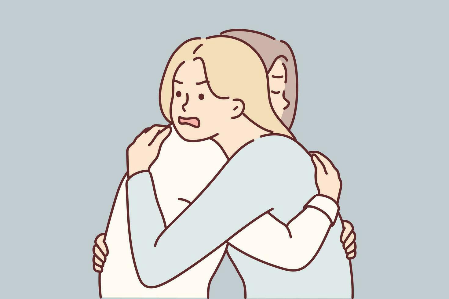 Woman with angry expression hugs girl friend hiding envy or jealousy in order to deceive. Concept hypocrisy and lack of trust between close relatives or old friends due to envy and insincerity vector