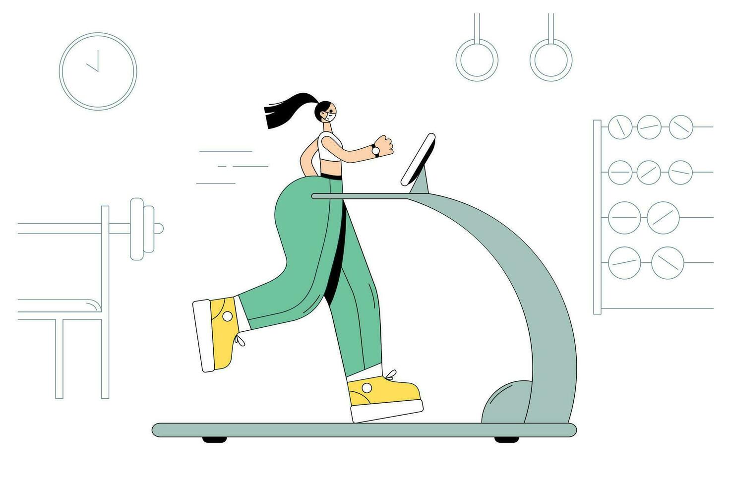 Trainings and sport during COVID-19 pandemic concept. Sportswoman in medical face mask training on treadmill in gym during coronavirus outbreak vector illustration