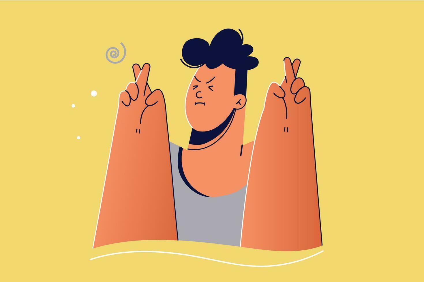 Emotion, face, fear, luck concept. Young scary nervous man guy boy teenager cartoon character closing eys and crossing fingers for having luck. Emotional facial expression and praying illustration. vector