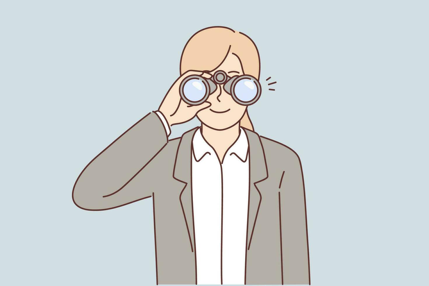 Woman recruiter use binoculars to search for suitable candidates for vacancy in company. Businesswoman holding binoculars in front of eyes is engaged in recruiting and searching for clients or buyers vector