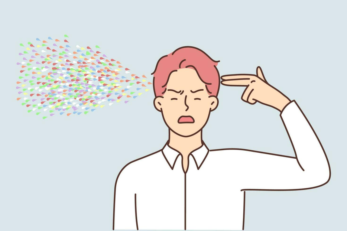 Displeased creative man making gun gesture for committing fictional suicide with colorful splatter flying from head. Concept of problems caused by imagination and creative thoughts vector