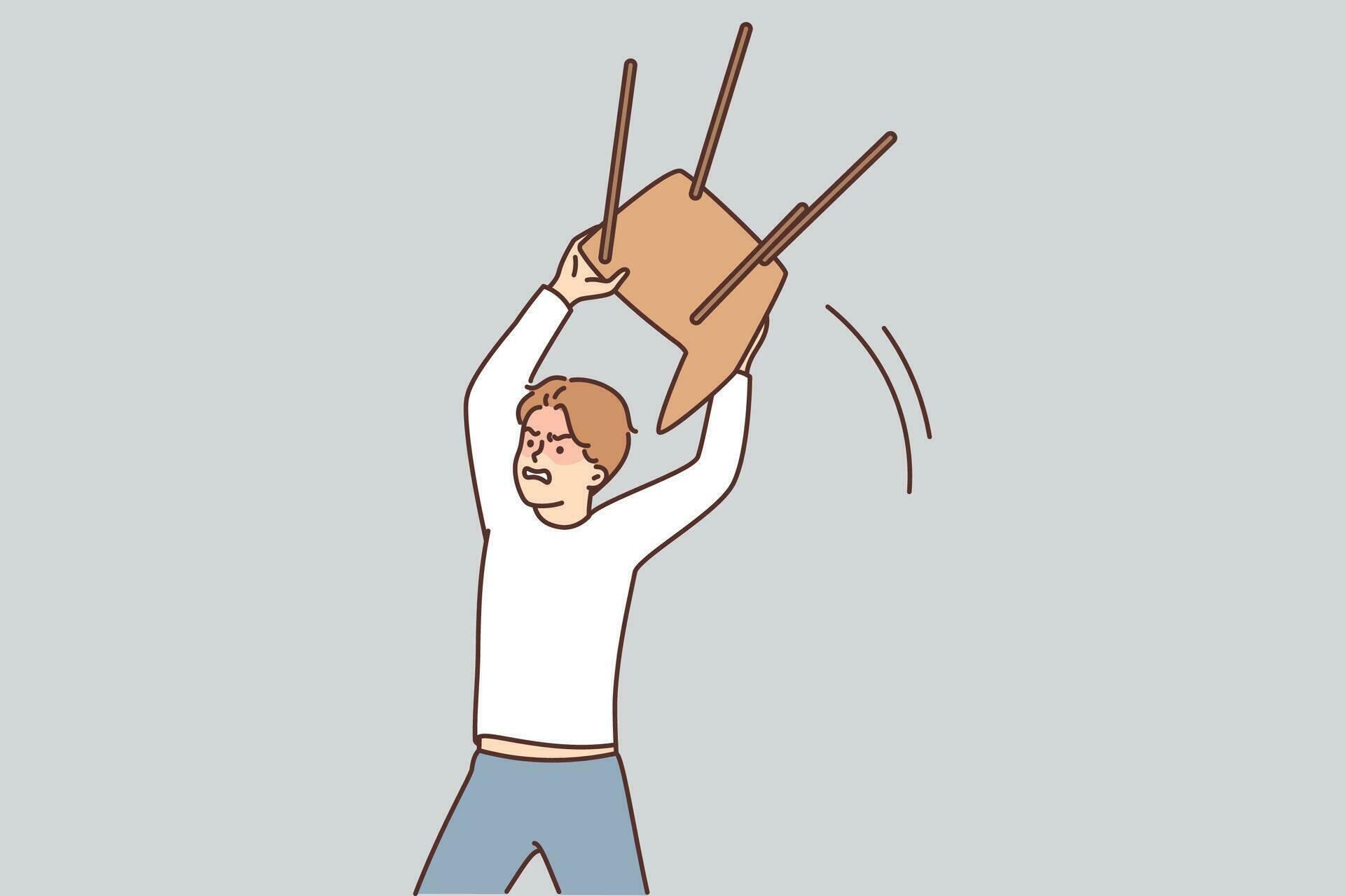 Angry man lifts chair to throw at offender or break furniture during
