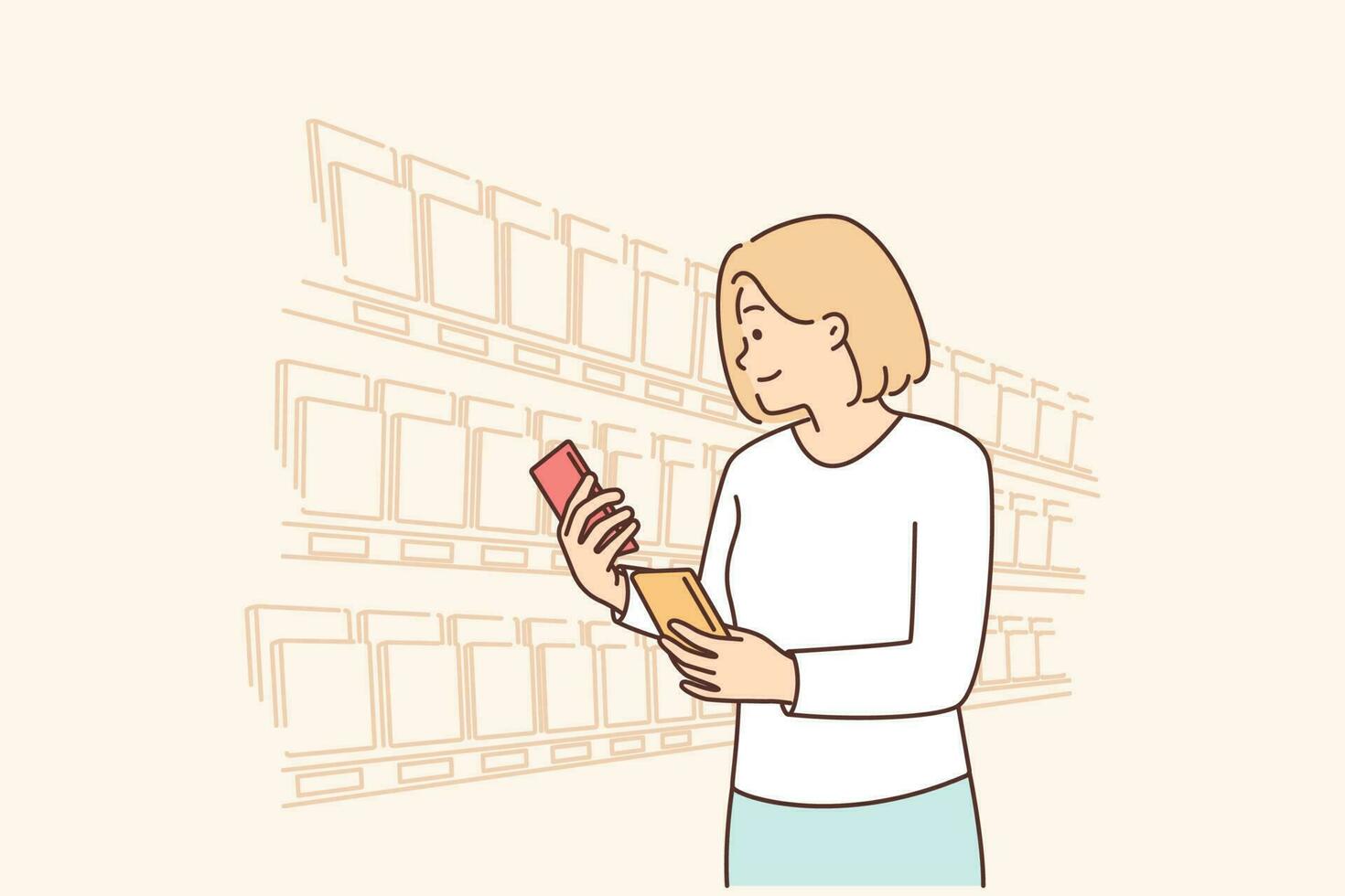 Woman looking for sweet chocolate on grocery store shelves choosing low calorie breakfast dessert. Girl stands in supermarket with chocolate bars reading composition or checking expiration date vector