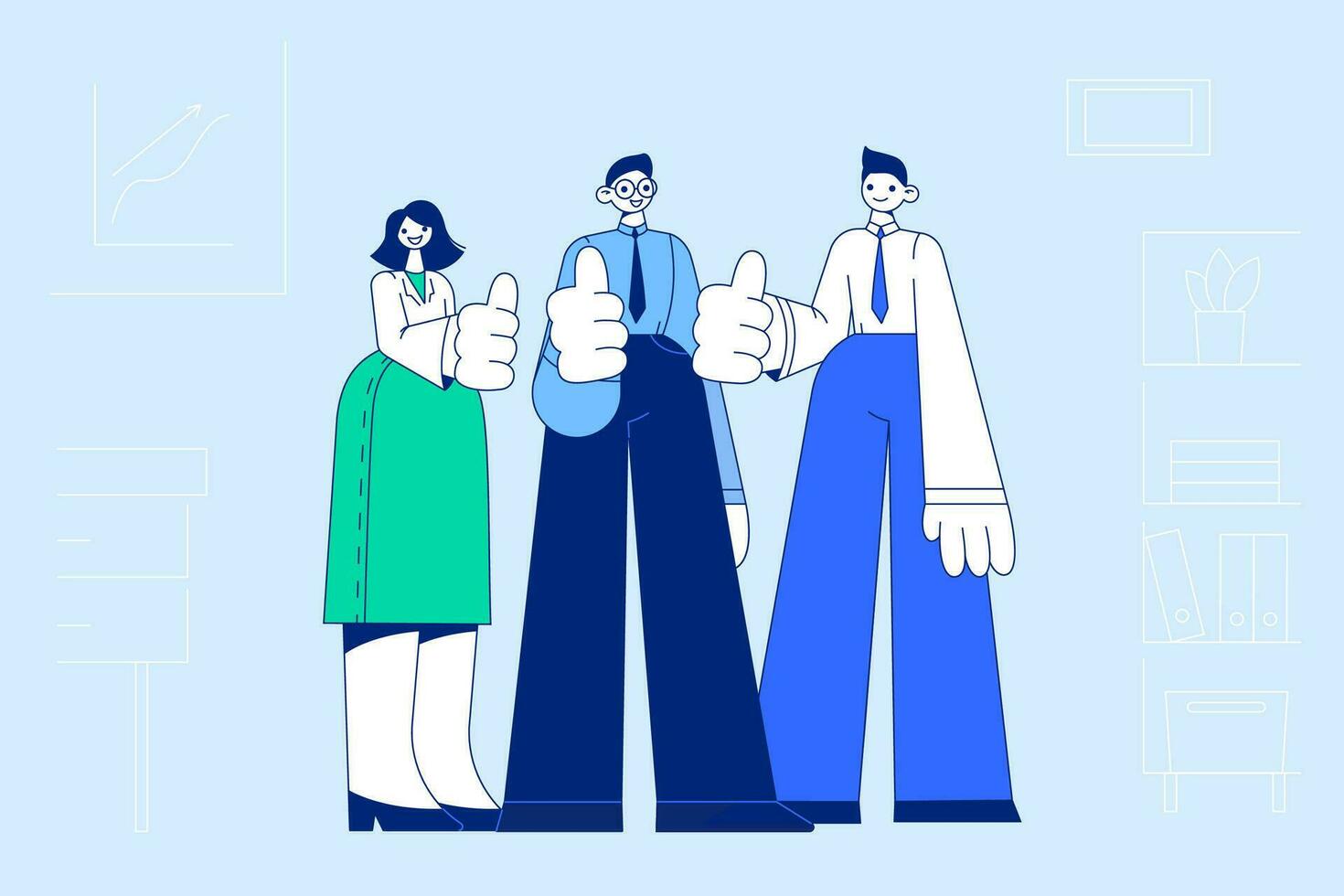 Teamwork, success, collaboration concept. Group of young positive business people workers standing together and showing thumbs up signs with fingers in office together in team vector illustration
