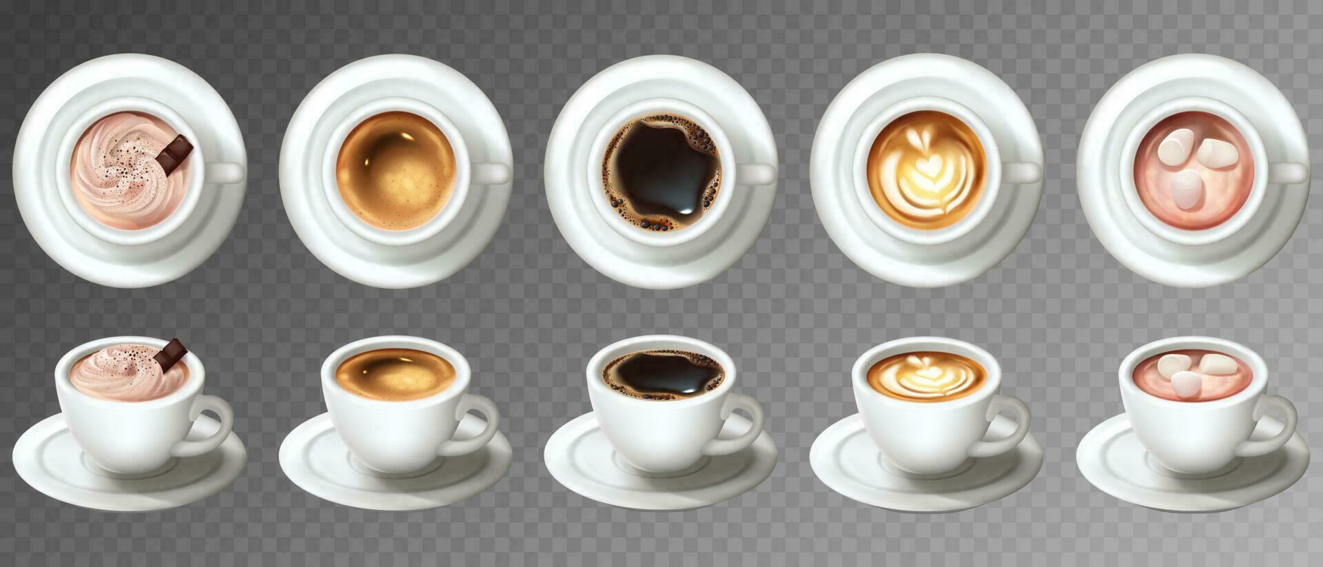 Realistic coffee cups set. Collection of realism style drawn sorts of drinks hot beverages latte cappuccino espresso americano from side view mockup. Illustration of 3d mugs tea liquid for cafe menu. vector