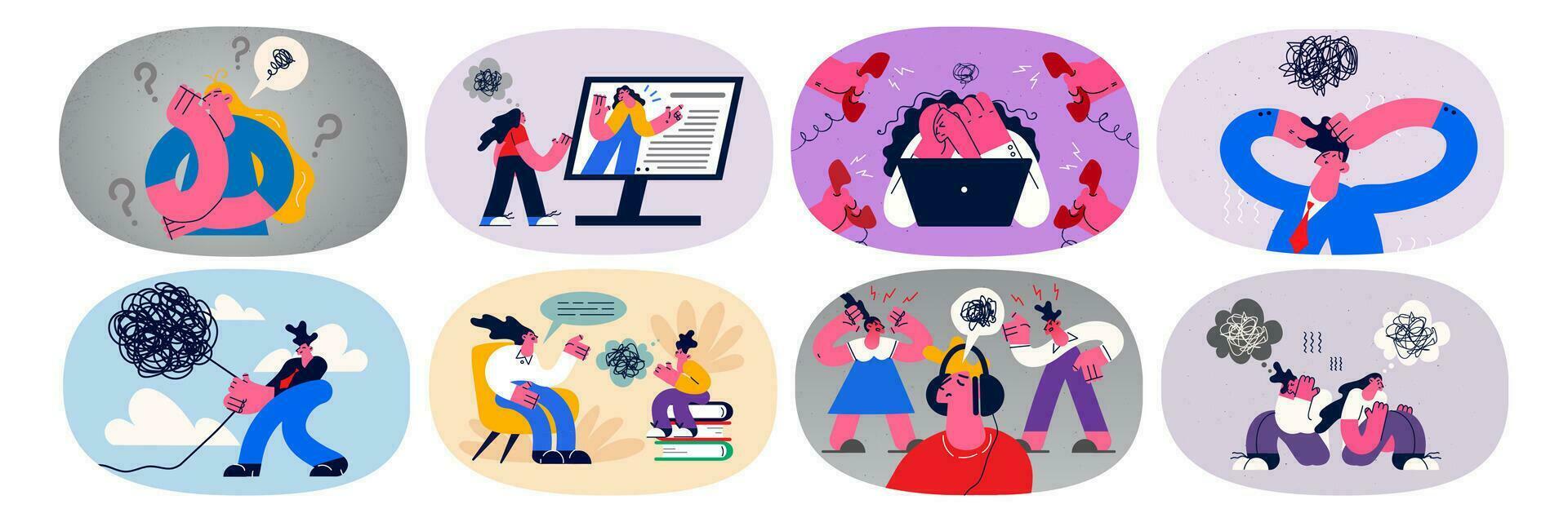 Set of diverse with people with mess or chaos in head try to find solution to problem. Collection of person unravel trouble bundle, make choice or decision. Flat vector illustration.