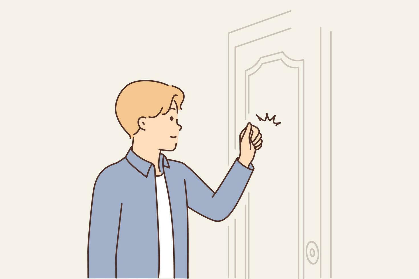 Man knocks on door when comes to visit friend or company office to get job. Young guy in casual clothes knocking on closed door standing in hallway, concept for apartment tour for direct sales vector