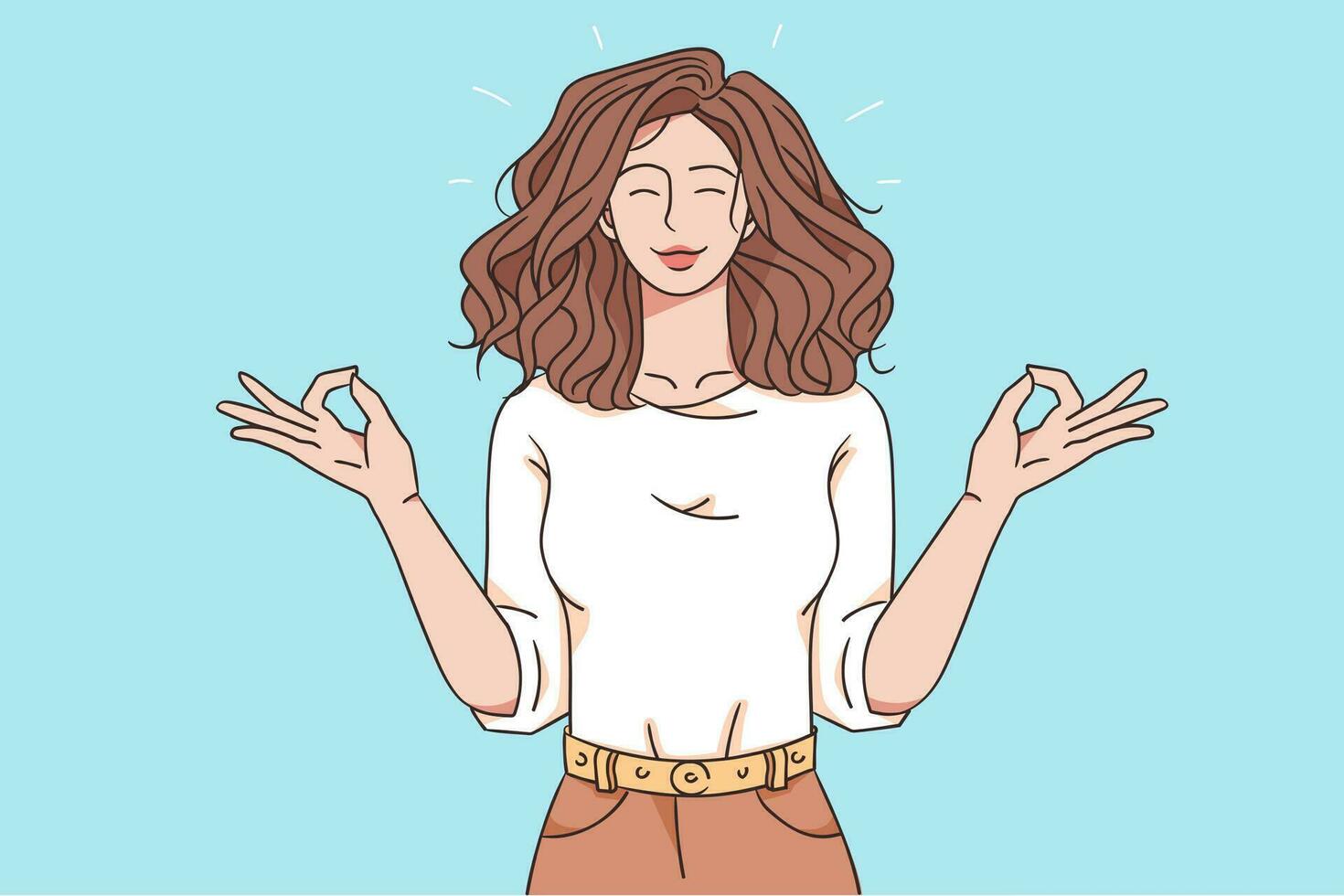 Meditation and relaxation concept. Young pretty brunette woman cartoon character standing with fingers crossed trying to concentrate and meditate vector illustration