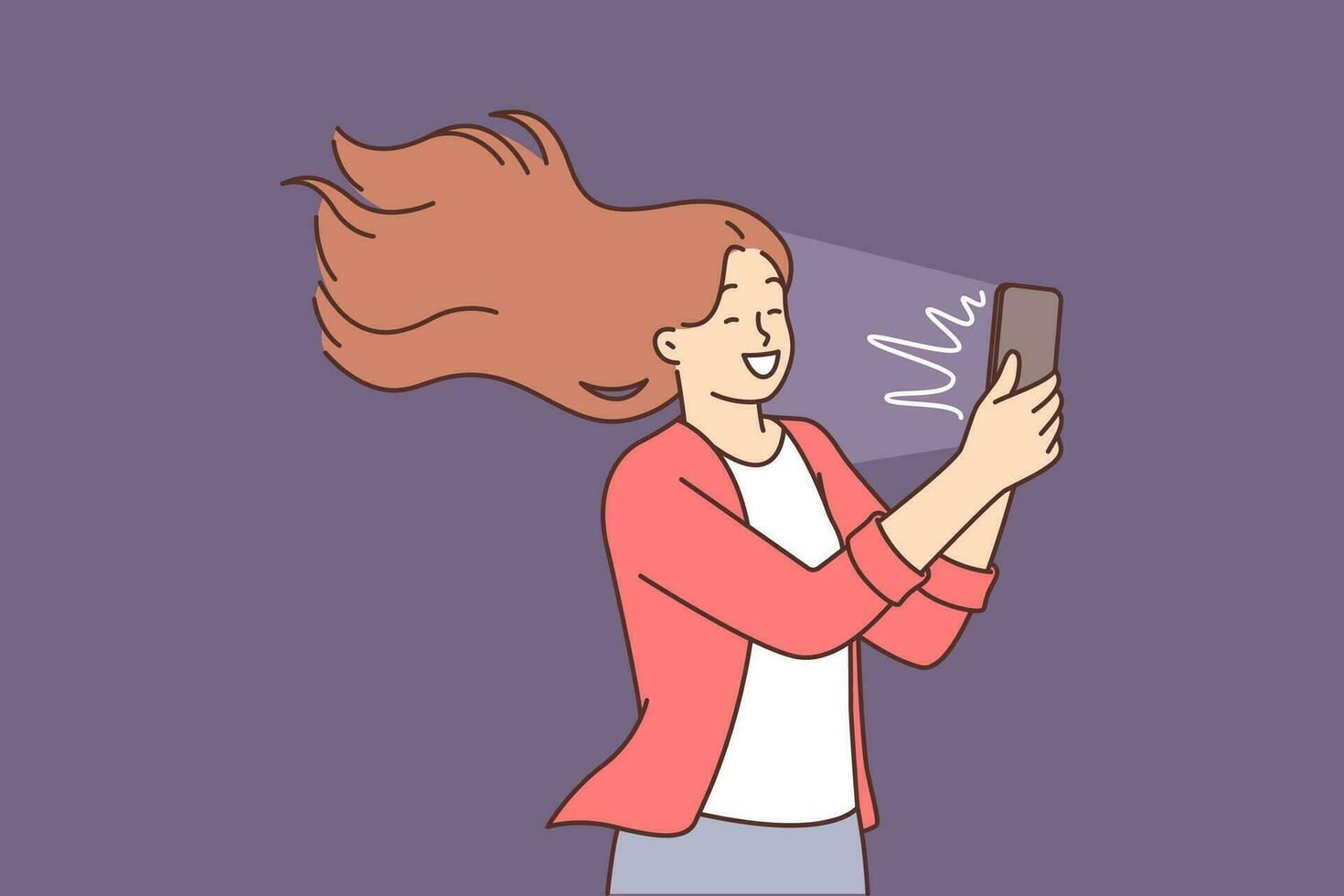 Happy woman takes selfie on mobile phone camera and smiles standing with hair blowing in wind. Positive girl likes to take selfie or chat via video call on smartphone with friends. vector