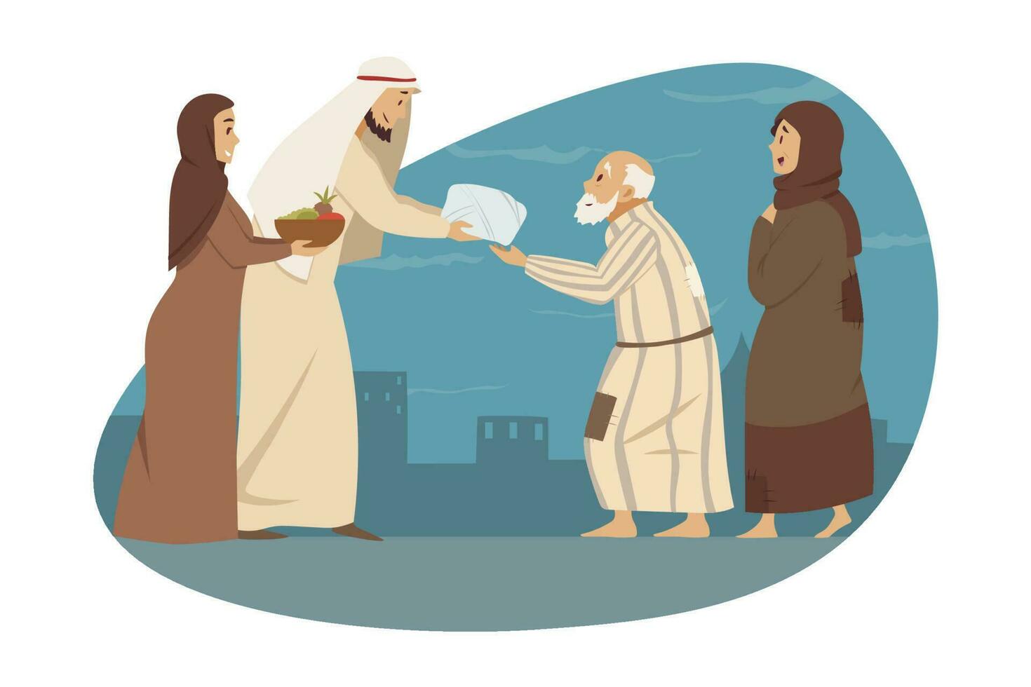 Family, love, holiday, islam, Eid al Fitr concept. Young man woman brother sister muslims give gifts presents to parents arab granny grandfather. Mothers day fathers day islamic Ramadan celebration. vector