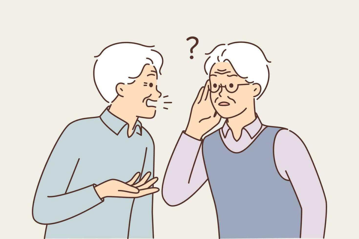 Old man talking to deaf friend who puts hand to ear and is having problems after hearing aid is broken. Elderly gray-haired man suffering from hearing disease needs help of otolaryngologist doctor vector