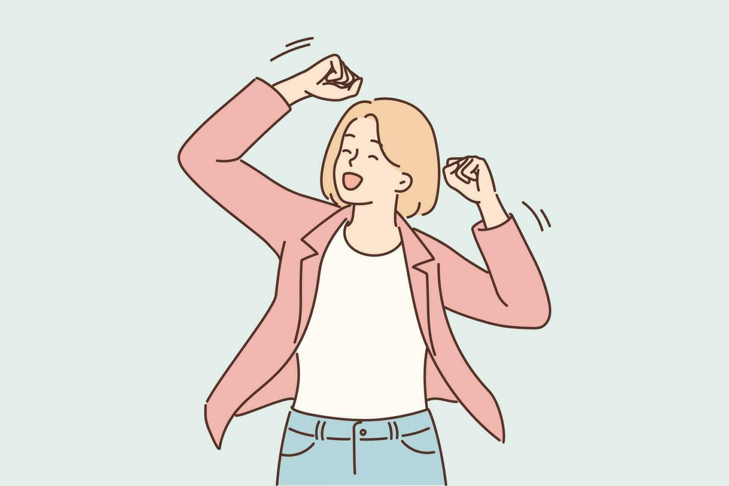 Successful woman raises hands up making victory gesture after learning about promotion or financial triumph of own business. Successful girl dressed in business casual style celebrates achievements vector