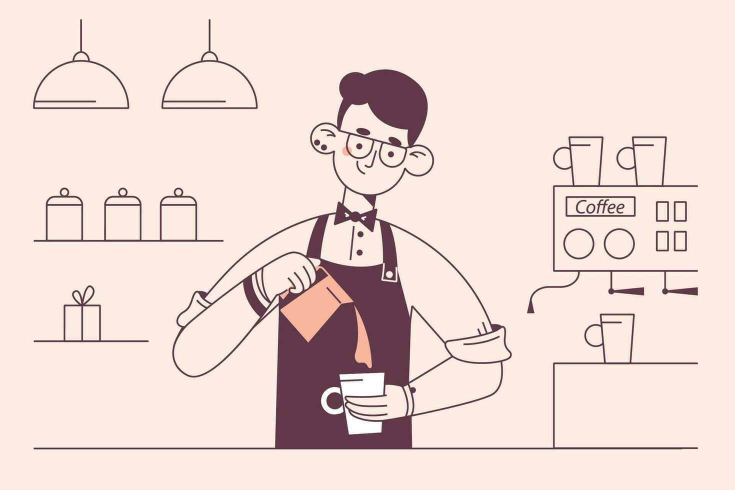 barista durante trabajo concepto. joven sonriente hombre barista dibujos animados personaje trabajando a cafetería haciendo café para cliente vector ilustración