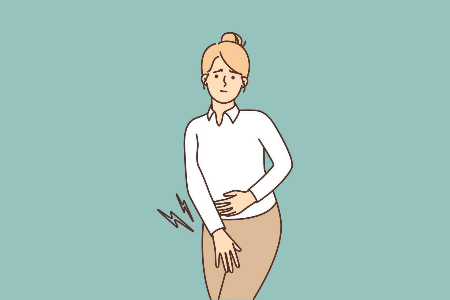 Unhappy girl painfully presses palm to perineum during menstruation or bladder problems. Woman needs to urgently go to toilet due to large amount of water drunk or disease of genital organs vector