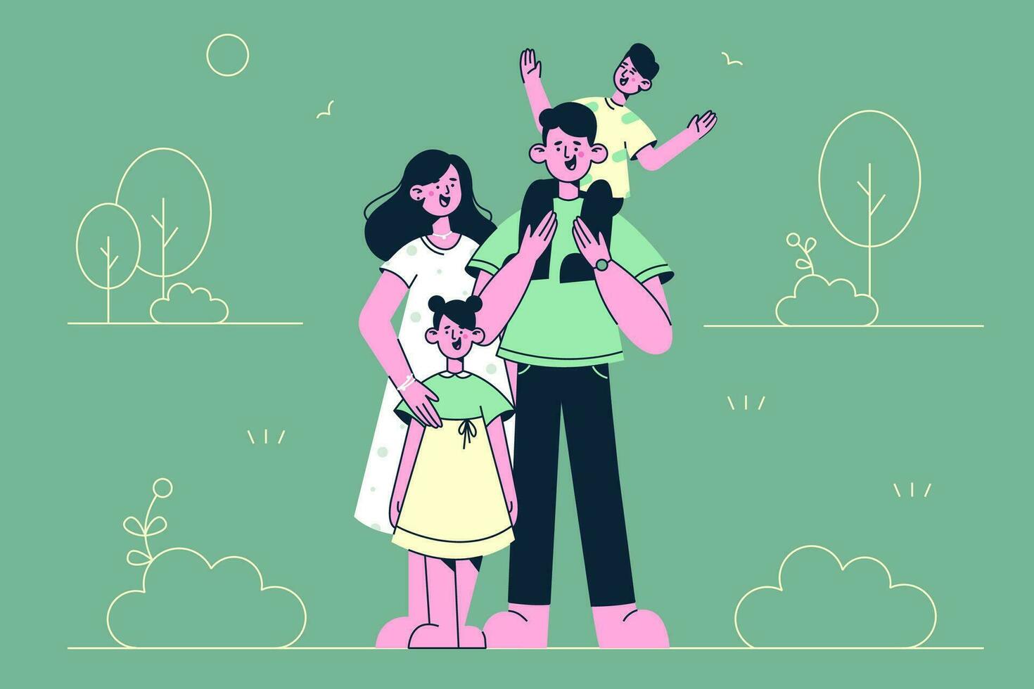 Happy family with children concept. Young smiling parents mother and father standing with two kids and looking at camera all together vector illustration