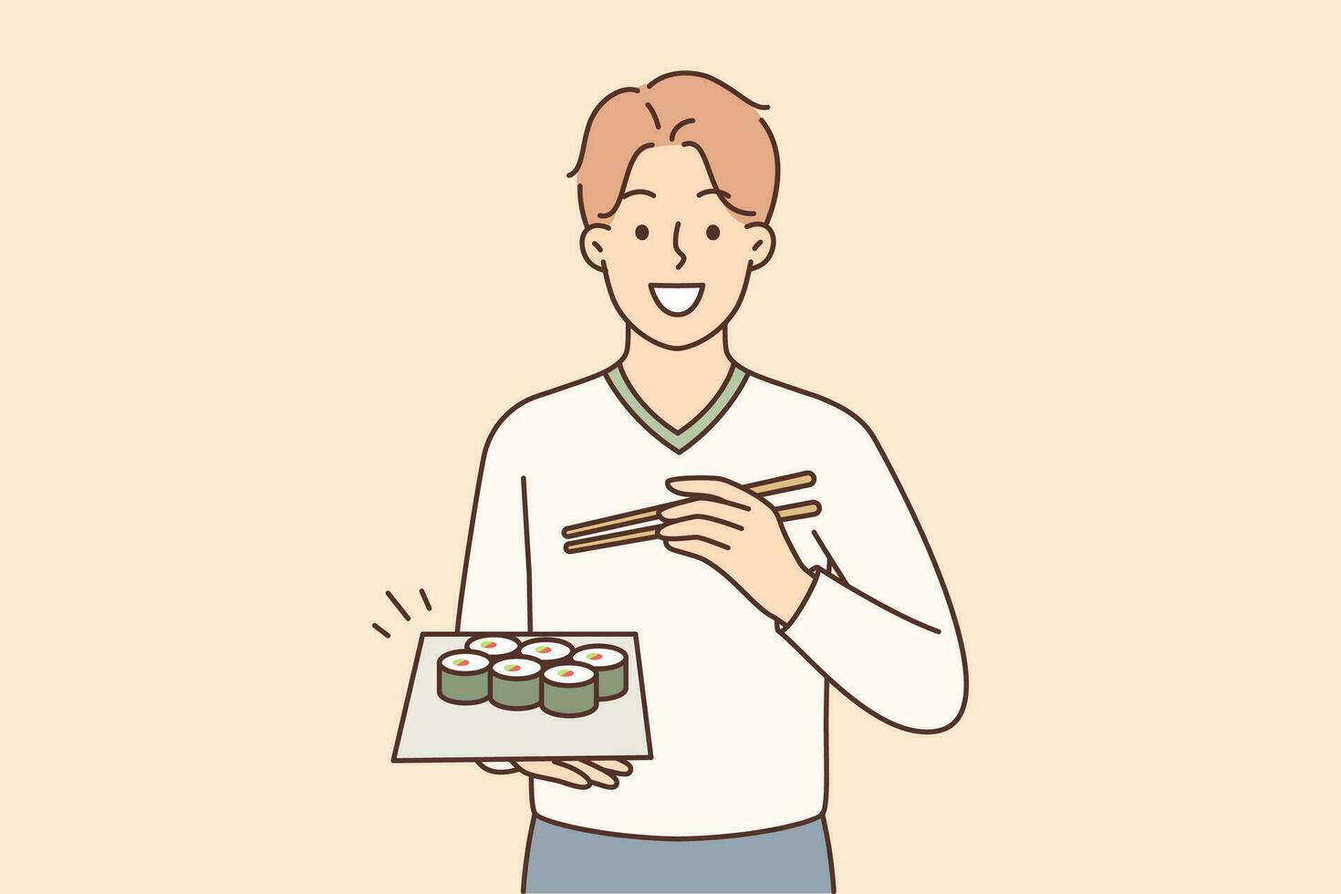 Man holding plate of maki rolls invites to dine in japanese restaurant with delicious healthy food. Guy uses chopsticks eating sushi or rolls delivered from cafe with traditional asian menu vector