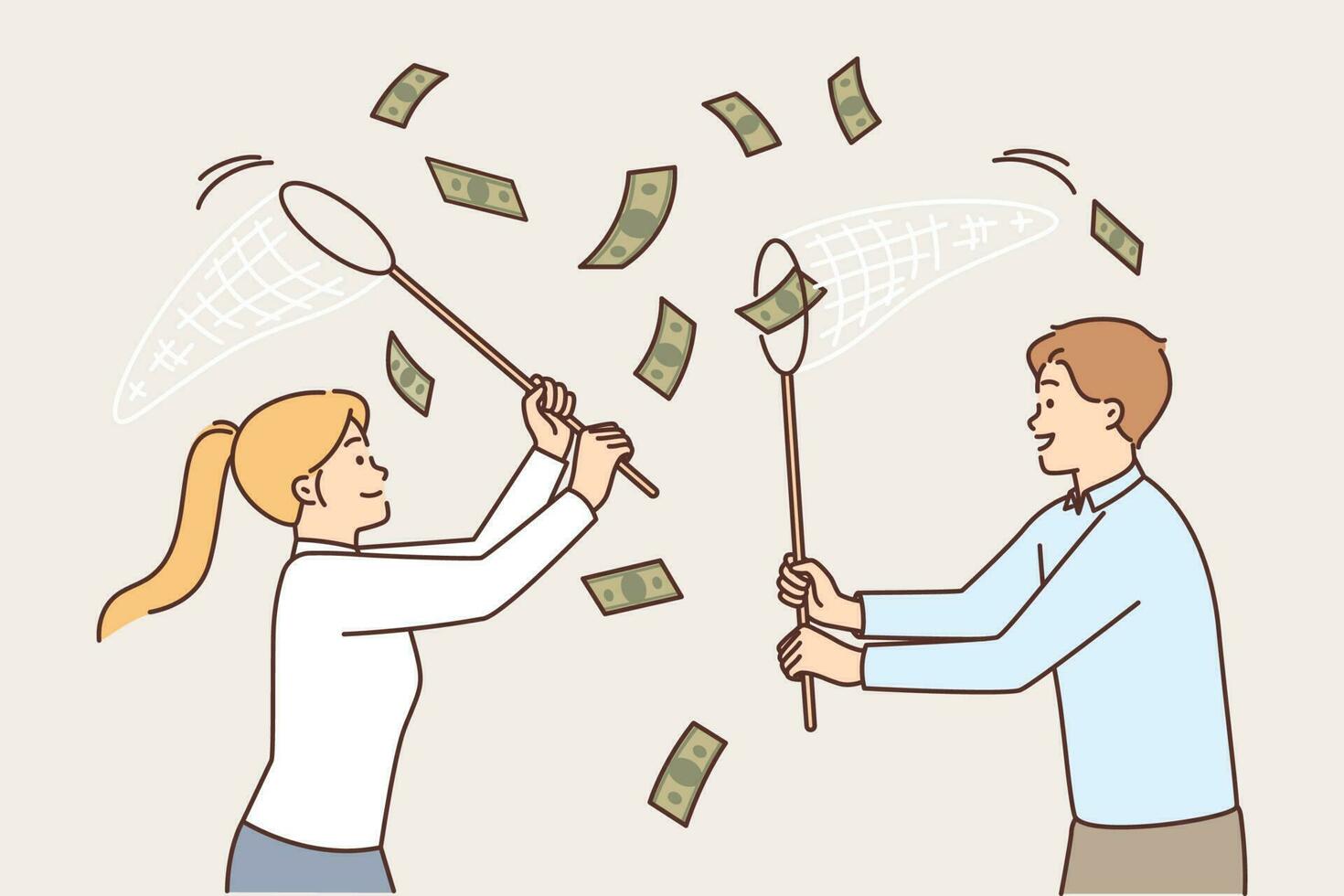 Business people catching money falling from sky using net for easy earning or casual income concept. Man and woman are engaged in moneymaking, hunting for profit and wanting to increase capital vector