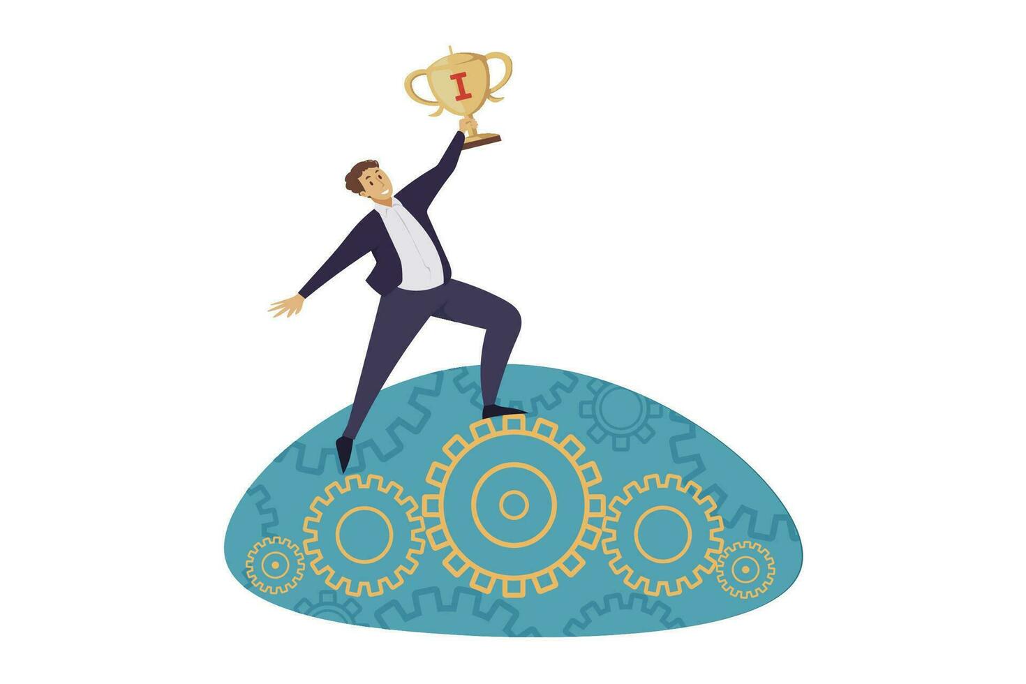 Leadership, win, success, development concept. Succesful goal achievement and financial growth triumph illustration. Businessman leader boss champion manager holding big golden cup prize trophy above. vector