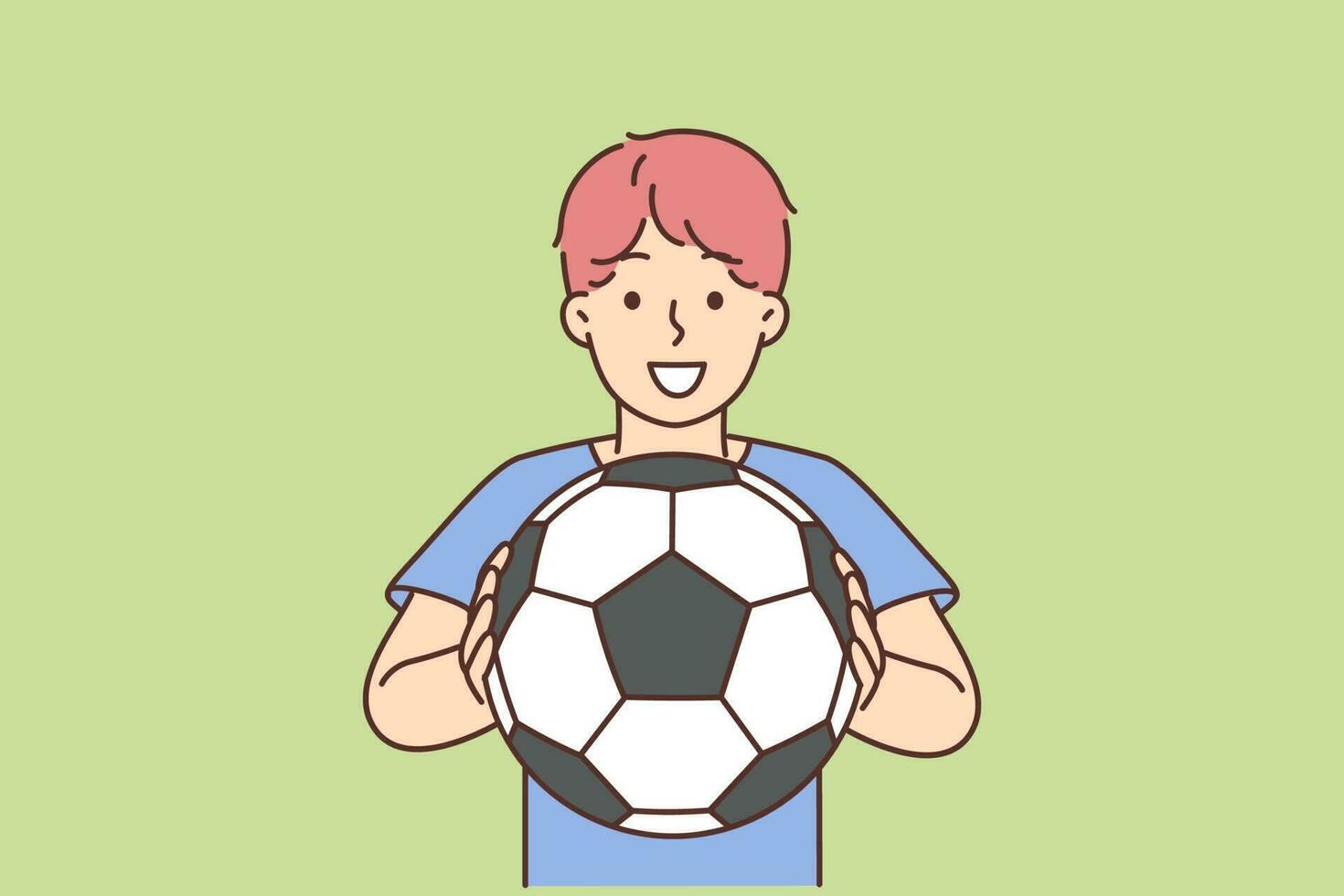 Cheerful boy of school age holding soccer ball and smiling offers to play football. Positive boy football player dreams of becoming professional sportsman and participating in premier league vector