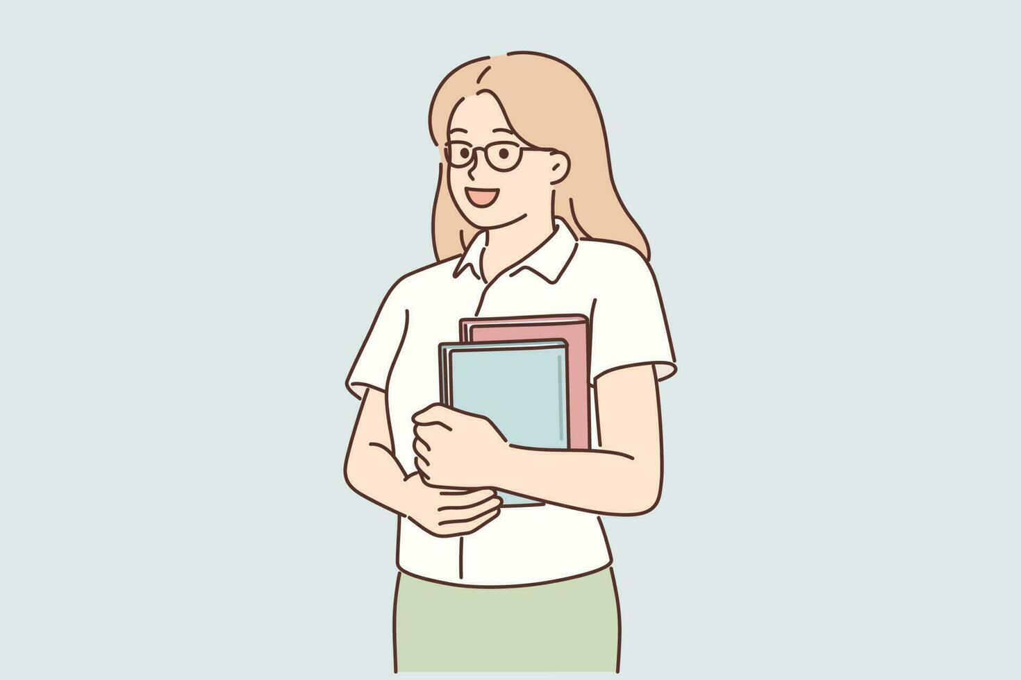 Young girl student stands with books in hands posing with glasses and looking at screen. Cheerful woman with textbooks to prepare for exams for college entrance or taking tests at school vector