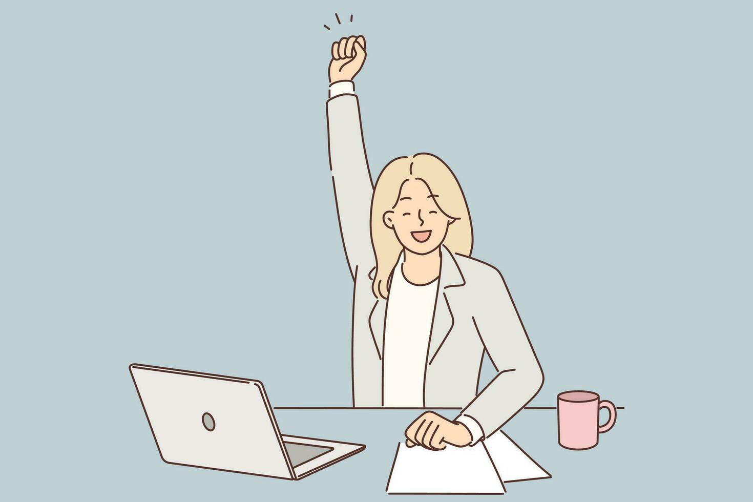 Successful woman manager celebrates victory and raises hand up sitting at table with laptop. Businesswoman rejoices at successful completion of project enjoying new achievement or signing contract vector