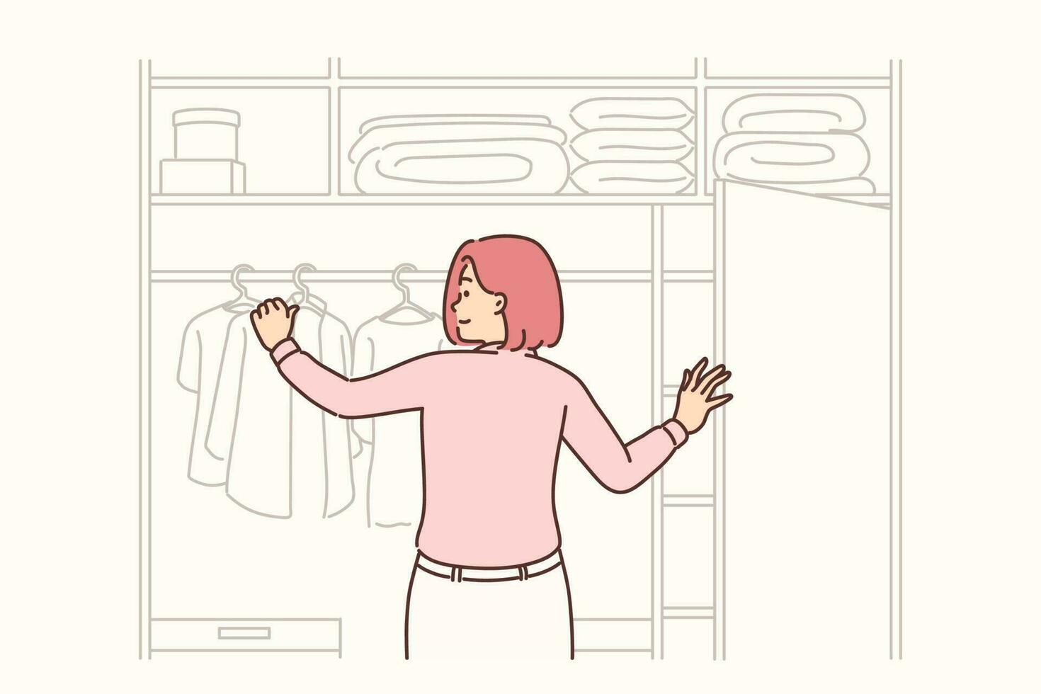 Woman stands near large wardrobe closet choosing outfit for going to work and hanging clothes on hanger. Girl is located with back to screen looking at clothes hanging in closet or on counter store vector