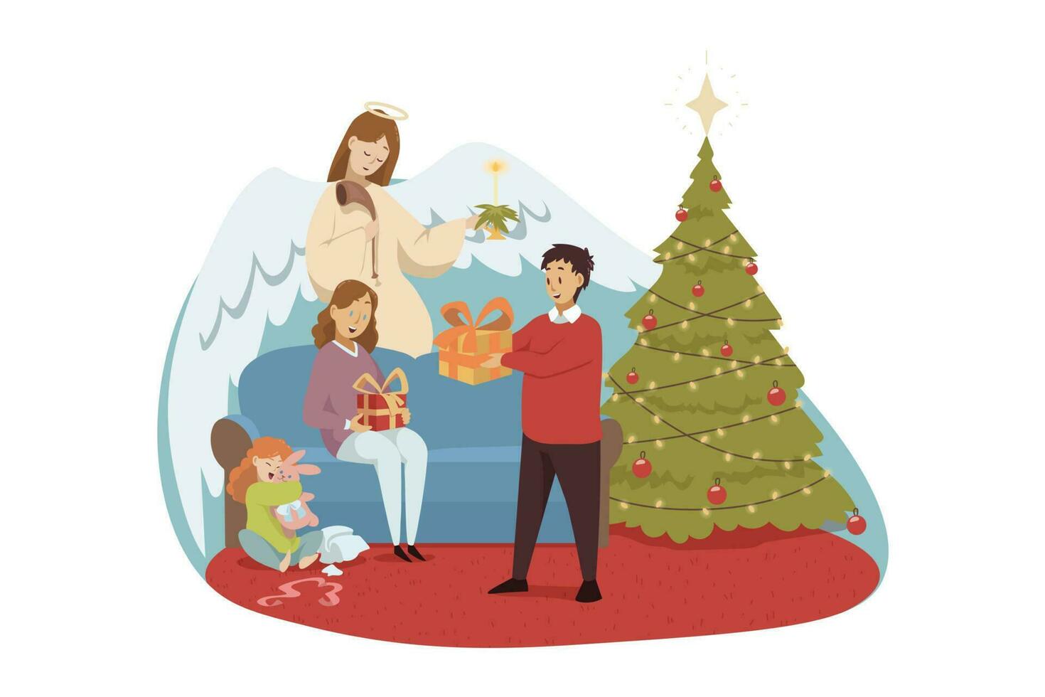 Christianity, religion, New Year, celebration, prayer, holiday, worship, support concept. Angel biblical religious character watches at young family father daughter mother sharing gifts on Christmas vector