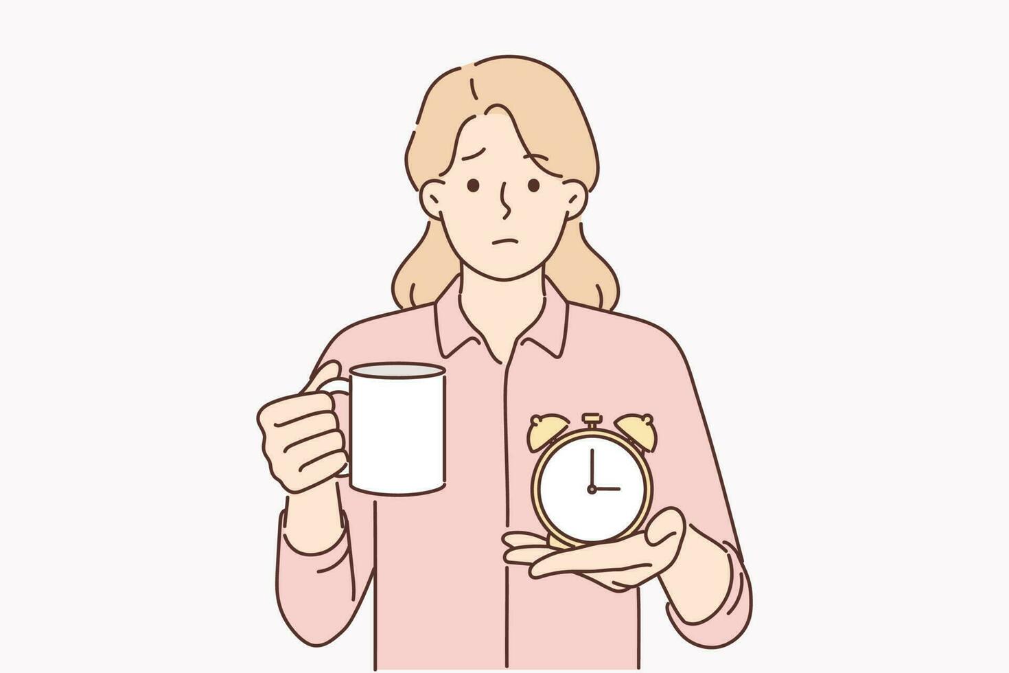 Businesswoman with alarm clock and cup of coffee offers to take break from work and cheer up to improve productivity. Tired woman manager invites you to drink coffee or hot tea and relax vector