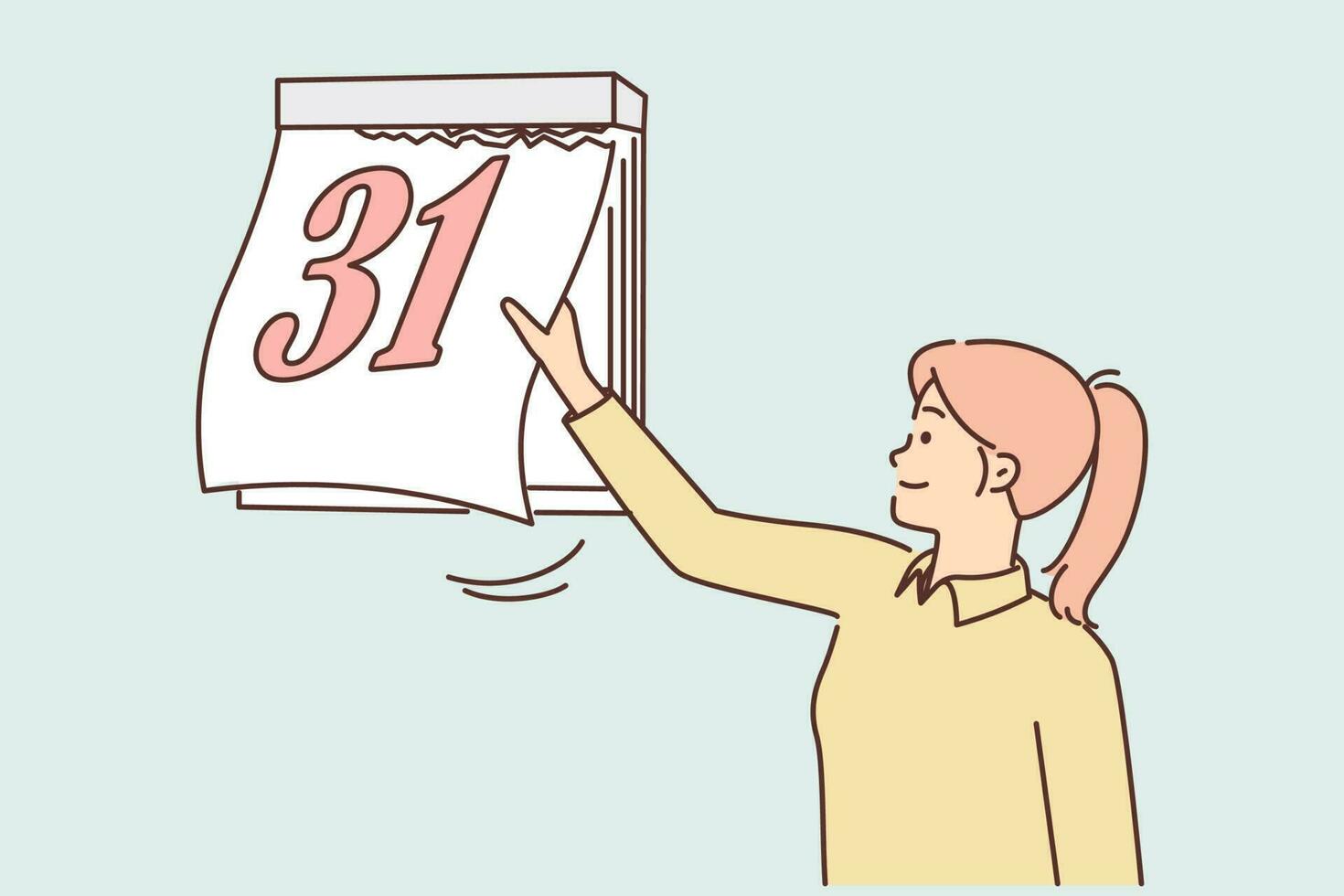 Woman tears off sheet of calendar with number 31 at end of month and beginning of new period. Time management and calendar monitoring concept for schedule abidance and meeting deadlines vector