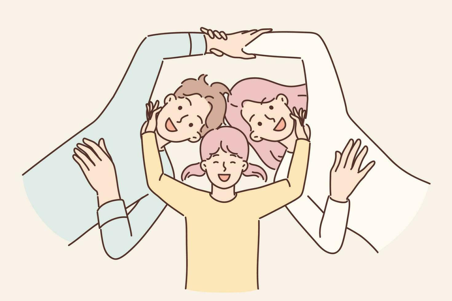 Little girl and young parents smiling lying together for happy family vacation concept, top view. Positive mom and dad near daughter holding hands and having fun enjoying family holiday vector