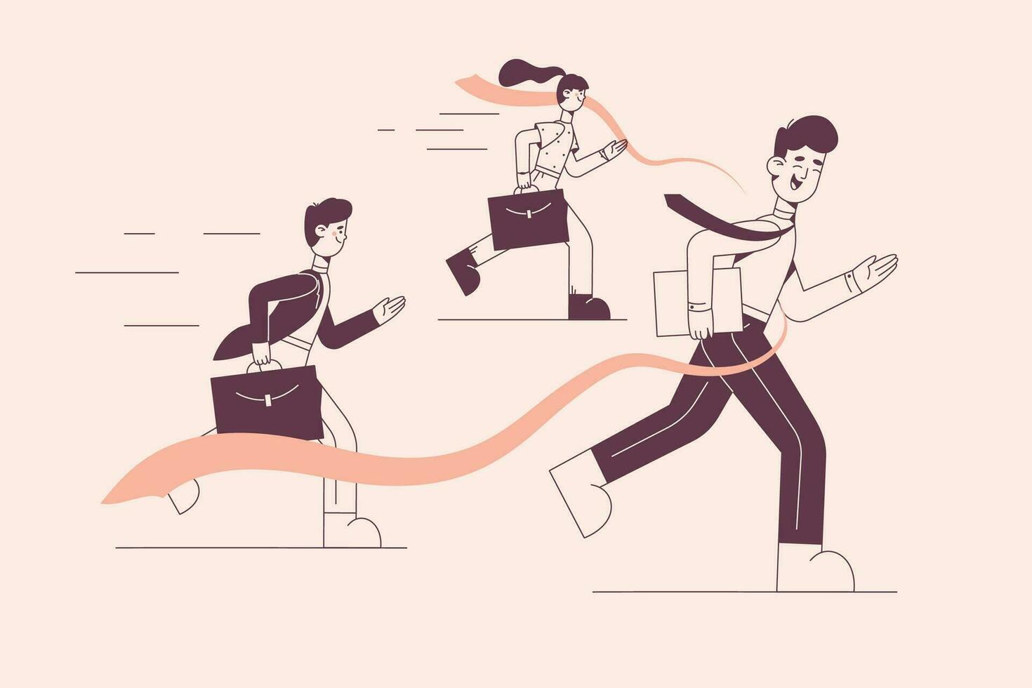 Business competition and leadership concept. Young people businessmen men and women running and trying to be first at crossing final line in competition vector illustration