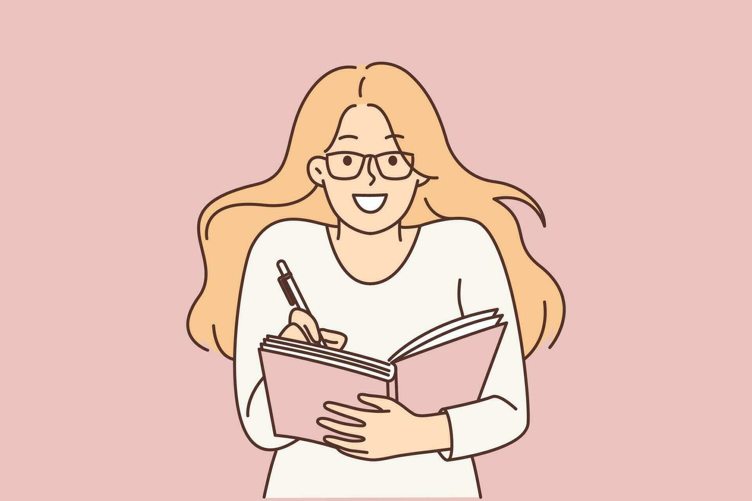 Smart woman student holds pen and notepad writing down lecture plan or keeping diary with secret desires. Cute girl with glasses uses notepad for time management and control over plans vector