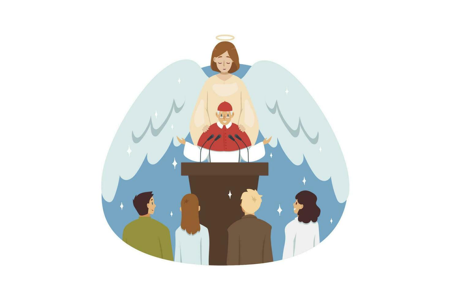 Bible, religion, christianity concept. Angel biblical religious character blessing old man priest preacher reading sermon to people parish flock in church. Catholic or orthodox holiday celebration. vector