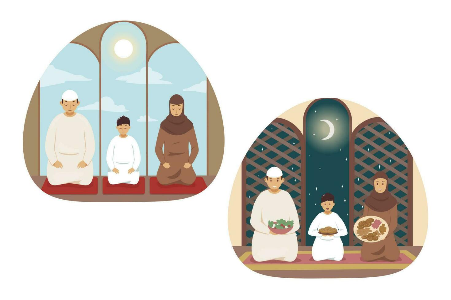 Islam, prayer, family, religion set concept. Collection of young religious man muslim husband woman wife child kid son arabic characters praying in mosque. Islamic traditional Ramadan celebration. vector