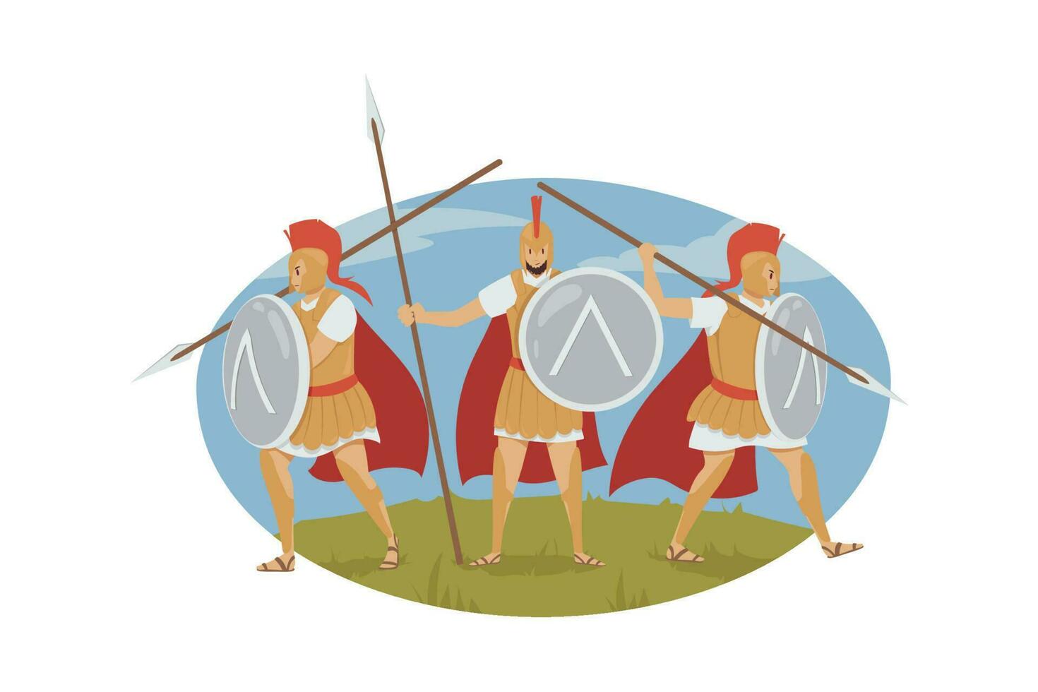 Mythology, Greece, war, Sparta, history concept. Ancient Greek historical event illustration. Group of famous three hundred Spartans warriors characters getting ready for famous Battle of Thermopylae. vector